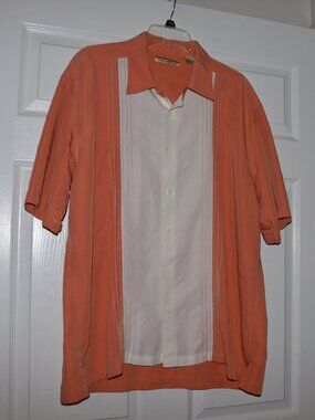 The Havanera Co. Short Sleeve Button Down Shirt Peach/Orange & Cream Men  XXL